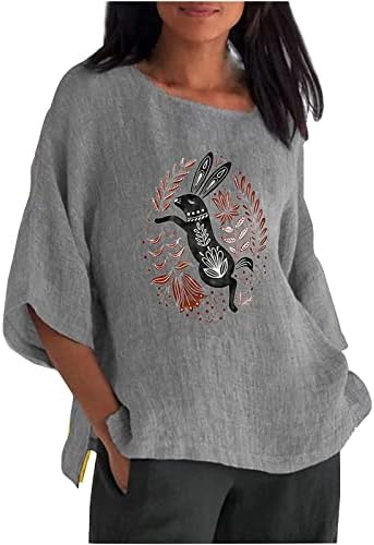 Women'sенски 3/4 ракав Велигденска маица Симпатична зајаче графички маички врвни памучни постелнина лабава случајна влечка подарок