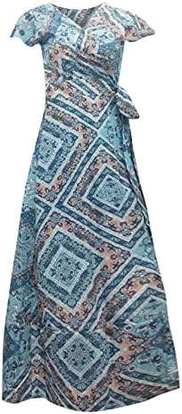Балаки женски боемски ретро цветни печатени обвивки против вратот краток ракав Сплит на плажа забава Макси долг фустан