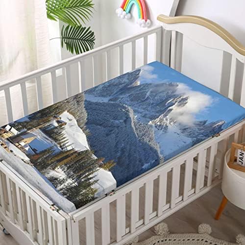 Планински тематски вграден креветче за креветчиња, стандарден душек за креветчиња, ултра мек материјал-бебешки креветчиња за девојче или момче, 28 „x52“, бело сино з