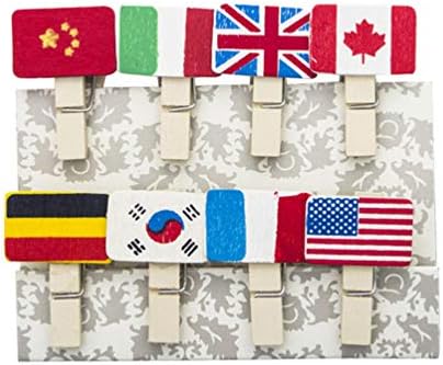 Pretyzoom дрвени облеки на облека со слики 16 парчиња меѓународни знамиња Фото клип Дрво клип Светски знамиња Облеки со јажиња за
