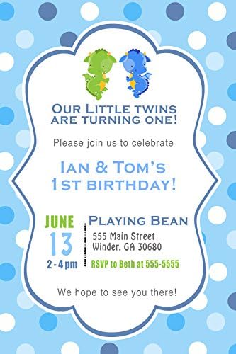 30 покани Змеј близнаци момчиња роденденски туш за бебиња Персонализирани картички Фото хартија