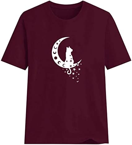 Женски 2023 летни маици со краток ракав, обичен тркалезен врат пулвер Месечина и мачка печатена маичка за блузи маици врвови