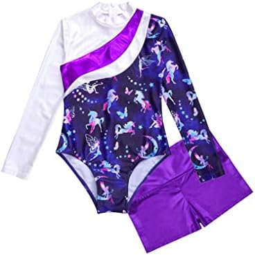 Yuumin Детска гимнастика Леотард за девојки со долг ракав балетски танц со каросерија со шорцеви единици виолетова Ц 8 години