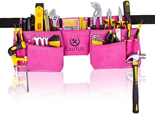 Лаутус розова алатка за појас/торбичка/торба, столар, градежништво, рамки, електричар | 11 џебови | 2 држачи за челични чекани |