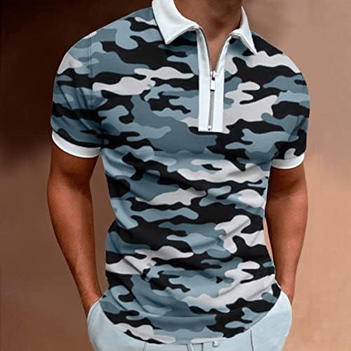 Ubst Zipper Polo кошули за мажи, лето камо печати тенок вклопена маица со кратки ракави, зип -вратот, деловен голф врвови за голф