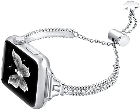 fastgo Silver Bling Компатибилен со Apple Watch Band 41mm 40mm 38mm 42mm 44mm Женски Нараквица, Облечен Дијамантски Тенок Rhinestone