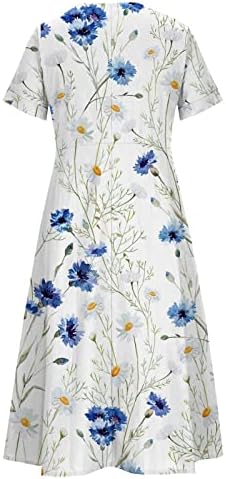 Qfvzhy женски забави фустани 2023 V-вратот со висок половината со кратки ракави со кратки ракави, памук постелнина, печатени фустани за одмор