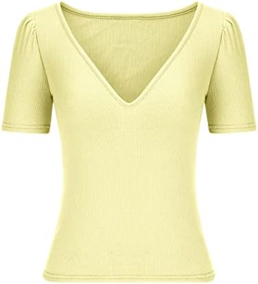 Ребреста летен врв за жени обични v вратот на ракав за ракав маица тенок вклопена цврста боја на туники за носење со хеланки