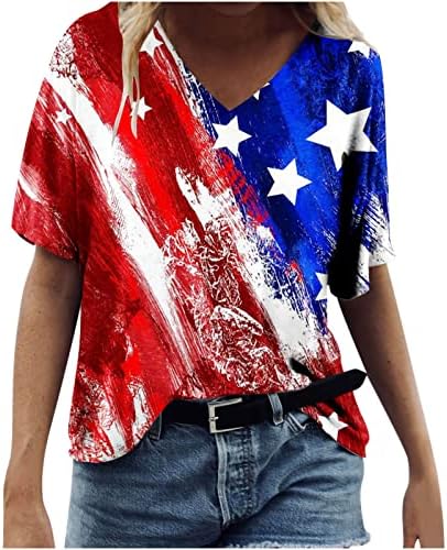Западни кошули за жени Американски знамиња за печатење на знаме против кратки ракави за кратки ракави на вратот 4 -ти јули Блузи