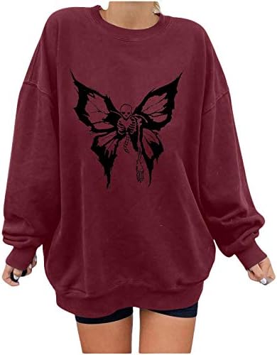 Sportsенска цврста боја спортска маичка за џемпери, случајна пеперутка печати со долг ракав пулвер со ребрести манжетни полите