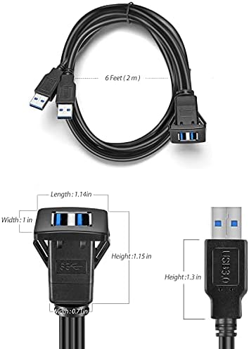 URWOW Двојна USB3. 0 Квадратни Рамна Планина - 2m 6ft USB 3.0 Продолжување Монтирање, Цртичка Монтирање, Рамна Монтажа, Панел Монтирање Кабел, За Автомобил, Брод, Мотоцикл-Црна