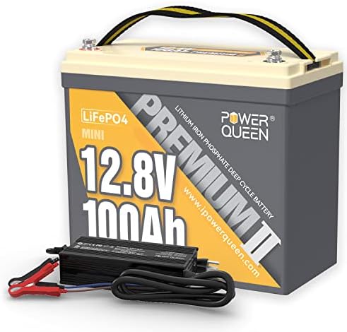 Power Queen Mini LifePo4 литиум батерија со 14,6V 20A полнач за батерии, батерија 12V 100AH ​​со вградена 100A BMS, 1280W енергија, до 15000