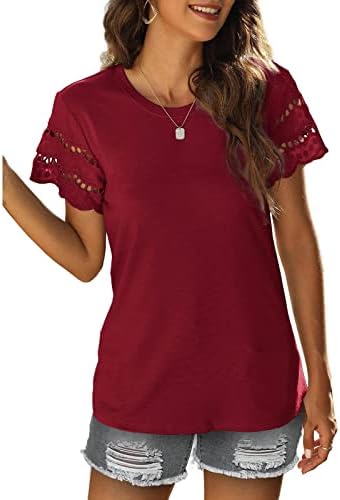 Женски цветни маици за печатење летни фустани чипка чипка кратка ракав Туника, врвови, модна обична лабава пулавер блуза