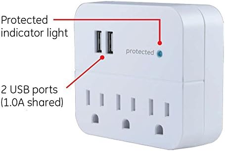 GE 3-Outlet Extender Surder Protector со 2 USB порти, станица за полнење, wallид допрете, заштитена индикаторска светлина, 3-постепено, 560 ouули, 1.0AMP/5 вати, гаранција, ул наведена, бела, 14512