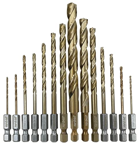 Nordwolf 14-парче M35 Cobalt Jobber Dript Bit Set за не'рѓосувачки челик, метал, леано железо и дрво, со 1/4 Hex Shank за брзи