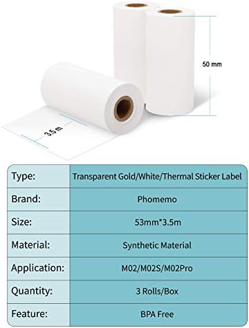 Phomemo M02 Mini Bluetooth Преносен печатач со 3 ролна Термичка налепница за налепница - Транспарентна/полу -транспарентна/термичка хартија за налепница