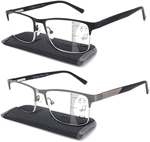 Missfive Men Premium Бифокално читање очила сино светло блокирање, 2 пакувања на компјутерски читатели Метална рамка без скршена пролетна шарка,