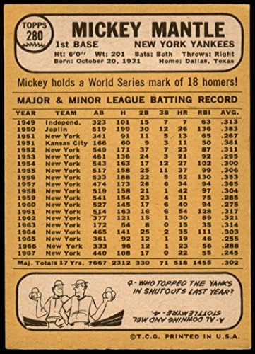 1968 Топпс 280 Мики Мантл Newујорк Јанкис ВГ Јанкис