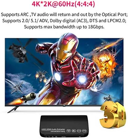 HDMI 2.0 Аудио Екстрактор 4K 60Hz, BOLAAZUL HDMI ARC HDR Едид Аудио Сплитер Конвертор HDMI До HDMI Аудио Сплитер&засилувач; Оптички Toslink