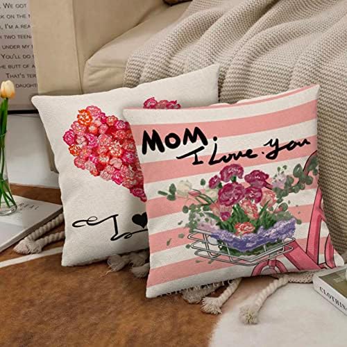 Перница За Денот на мајката Опфаќа 18х18 Комплет од 4 розови каранфили со цвеќе украсна Навлака За Перница За Денот На Мајката Подарок