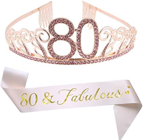 80 -ти роденден Пинк тиара и сјај сјај сатен Саш и Кристал Ринестон Тијара Круна за среќна 80 -та роденденска забава, ги поддржува украсите 80 -ти роденденски торта за т?