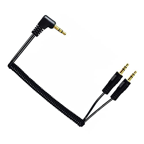 Kework Coiled 3,5 mm 1 до 2 Way Cable Splitter, агол од 90 степени 3,5 mm TRS машки до двојно 3,5 mm TRS машки калем спирален стерео аудио кабел, максимум истегнување 0,8 метар