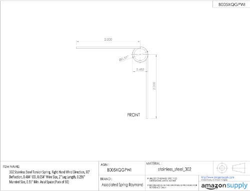 302 Торзија од не'рѓосувачки челик пролет, насока на десната рака на ветрот, девијација од 90 °, 0,484 OD, 0,054 големина на жица, 2 должина на нозете, 0,296 големина на мандели, 0,3
