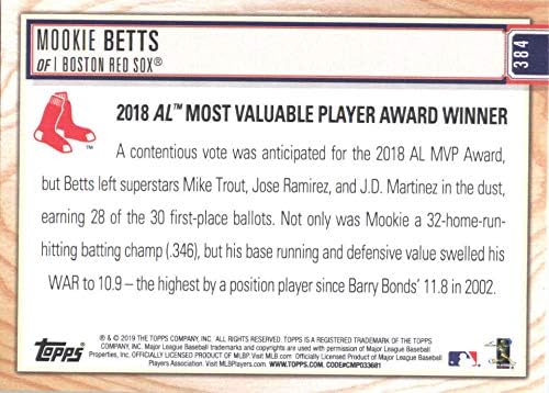 2019 Топс Голема лига 384 Mookie Betts Boston Red Sox MLB картичка за тргување со бејзбол