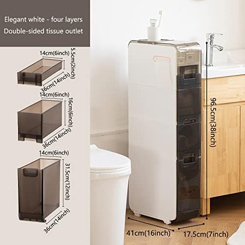 4 нивоа мали простори празнини во бањата за складирање на бања, тесен тесен тесен тесен тенок кула водоотпорна тоалетна хартија вертикална единица за складирање со