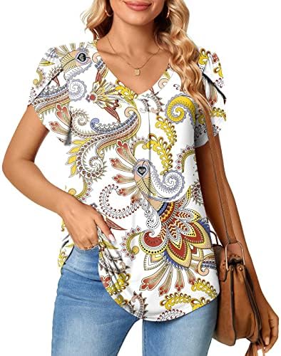 Womenенски ливчиња врвови на врвовите на вратот со кратки ракави на вратот слатки летни обични маици лабави вклопувани блузи