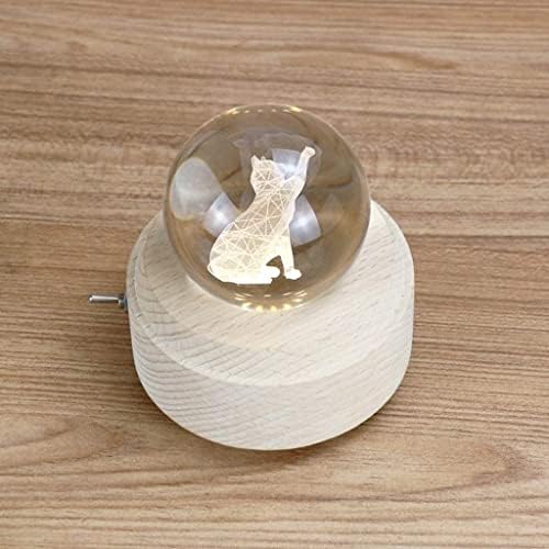 Музички подароци на Луваду 3Д дрвена музичка кутија, Лаки мачка Кристал топка музичка кутија со LED светлосна дрвена база ротирачки музички накит кутија за накит