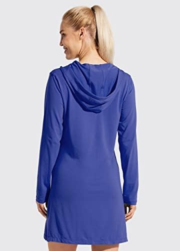 Вилит женски памук со долг ракав, памук, прикријте го upf 50+ SPF фустан со качулка со џебови за заштита на сонцето за заштита на