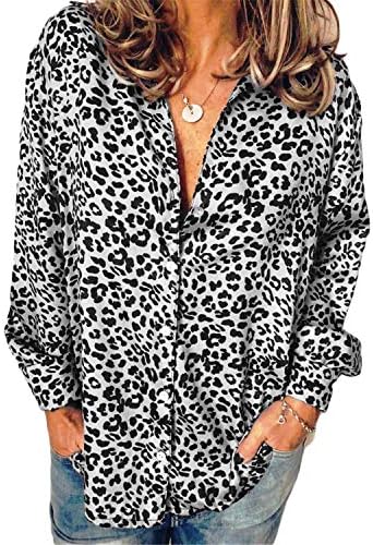 Andongnywell женски обични v врат блузи со долги ракави копче леопард кошули основни врвови удобност лабави блузи
