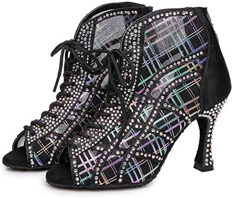 Tinrymx жени мрежа латински танцувачки чевли Rhinestones Party Party Dance Boots Performance со висока пета, YC-L434