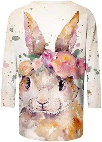 Женска дневна летна кошула за велигденски зајаче за жени слатки печатени врвови со долги ракави маички 3/4 кошула на ракав