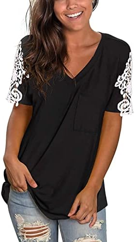 Краток ракав длабок V врат лабав вклопување опуштено вклопување обичен врвен маица за тинејџерски девојки чипка памучна блуза 9W