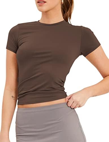 Safrisior жени Основна маица со кратки ракави на вратот, цврста форма, вклопување во вежбање јога атлетски спортови маички, обичен врв