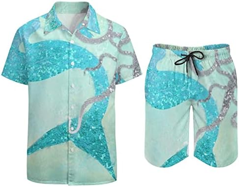 Машки хавајски кошули со сирена и октопод, кошули со кратки ракави со кратки ракави и панталони летни облеки на плажа лабава фит-тренер