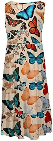 Женски летни фустани Пеперутка печати околу резервоарот без ракави без ракави, обична лабава лабава плажа миди маица фустан