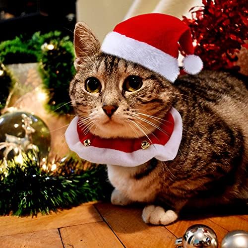 4 парчиња божиќни костуми за мачки поставени мачки санта капи со шамија и јака Божиќ мачка облека за мачки мали кучиња кутре