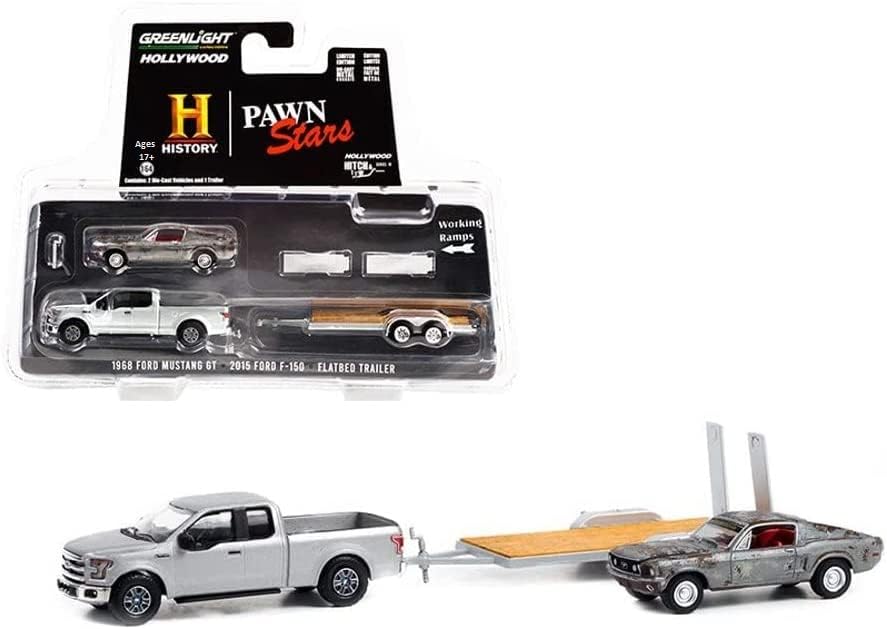 2015 Ford F -150 W/ 1968 Ford Mustang GT & Trailer, Pawn Stars - Greenlight - 1/64 Scale Diecast Car