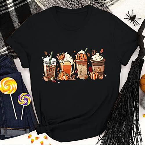 Денот на благодарноста кошула жени летни кратки ракави екипаж кафе -тиква основна маичка маица за Ноќта на вештерките, буги слатки есенски