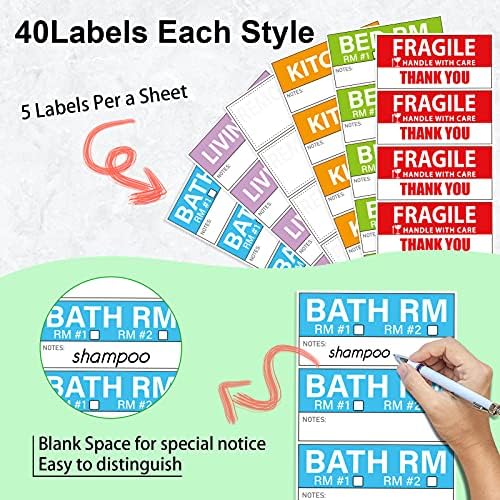 Јогет 42х90мм големи етикети за домашно движење за движење во стан, 4 различни етикети за пакување во боја + 40 парчиња кревки налепници