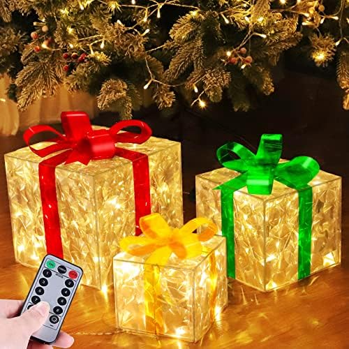 [Поголема големина 12 -8 -6 ] 3 пакувања 60 LED осветлени кутии за подароци Божиќни украси 8 режими тајмер далечински управуван батерија оперирајќи