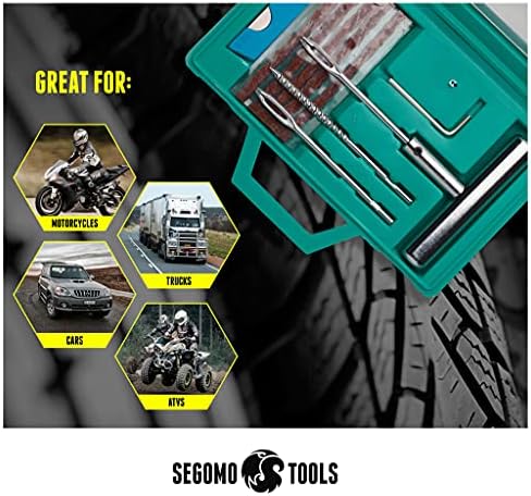 Алатки Segomo 10 парче Универзален комплет за поправка на пункција на рамни гуми за мотоцикли, автомобили, џип, камиони, АТВ