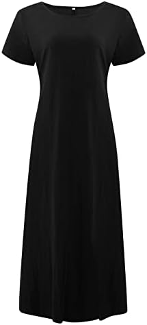 Fragarn женски летен обичен обичен цврста боја со кратки ракави со кратки ракави О-вратот за зашивање лабава џебна памучна постелнина фустан