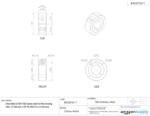 Clax Metal 1C-050-S T303 не'рѓосувачки челик Едно парче јака за прицврстување, 1/2 Големина на дупчење, 1-1/8 OD, со 8-32 x 1/2 поставена