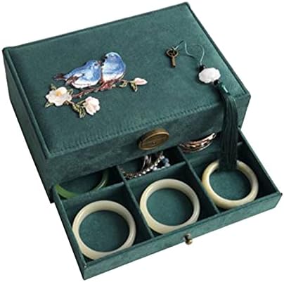 Организатор на накит за накит со двојно слој кинески везење накит складирање со антички заклучување нанадвор и внатрешно фланел часовник организатор ѓердан обетк