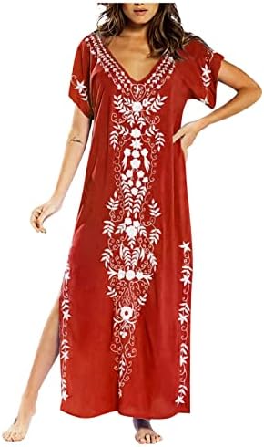 Обични фустани за жени 2023 лабава цврста боја Едноставна печатена шема на плажа поделена фустан Блуза со кратки ракави на плажа фустани