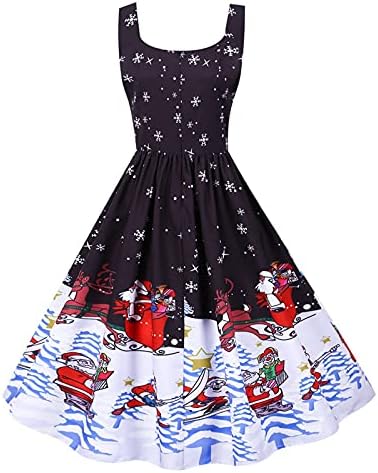 Божиќни Фустани За Жени 1950 ти Гроздобер Дедо Мраз Печатење Миди Фустан Без Ракави Коктел Матурска Замав Фустан